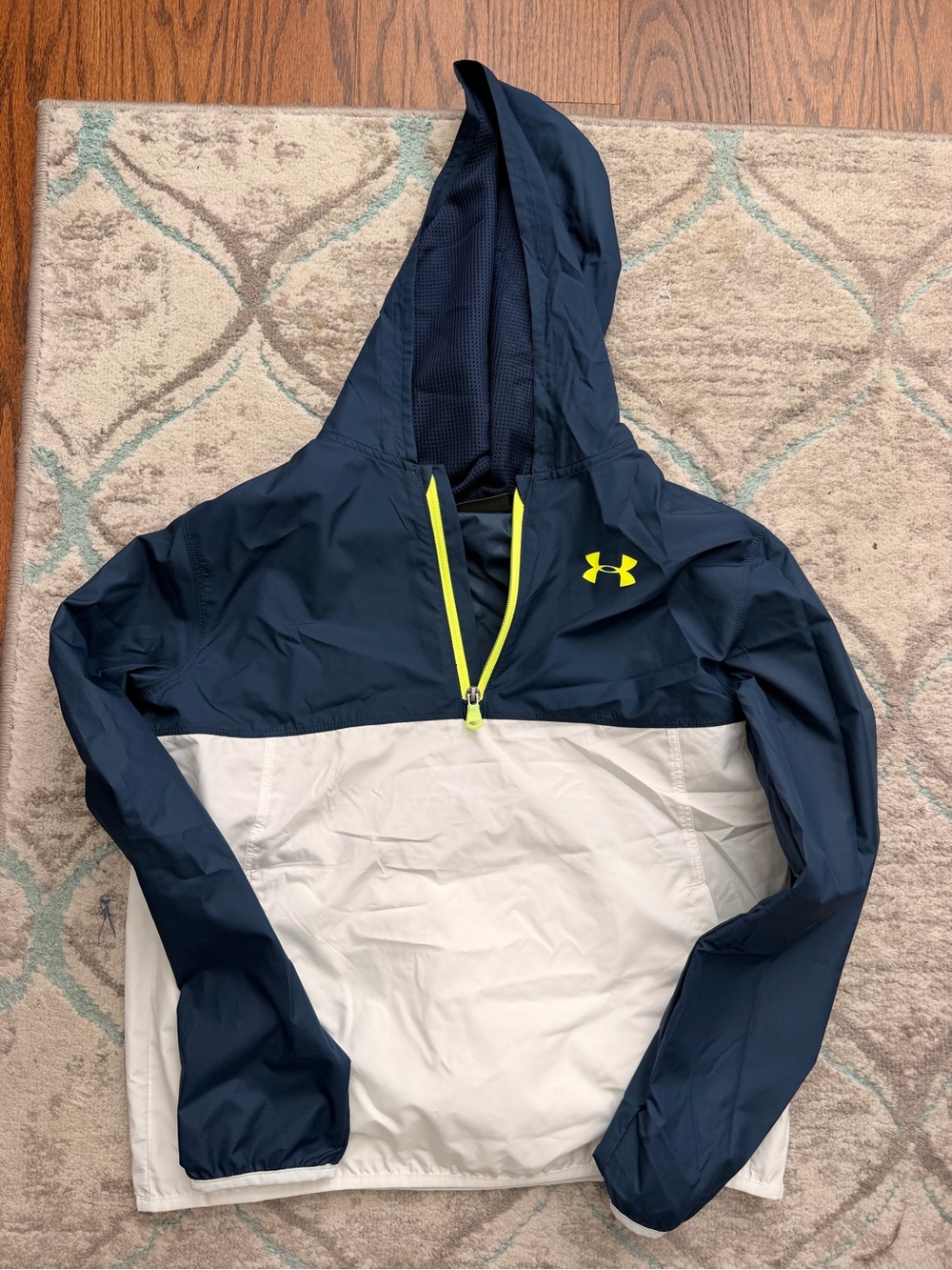 Under Armour Navy, White & Neon Yellow Kids Hooded Windbreaker youth L